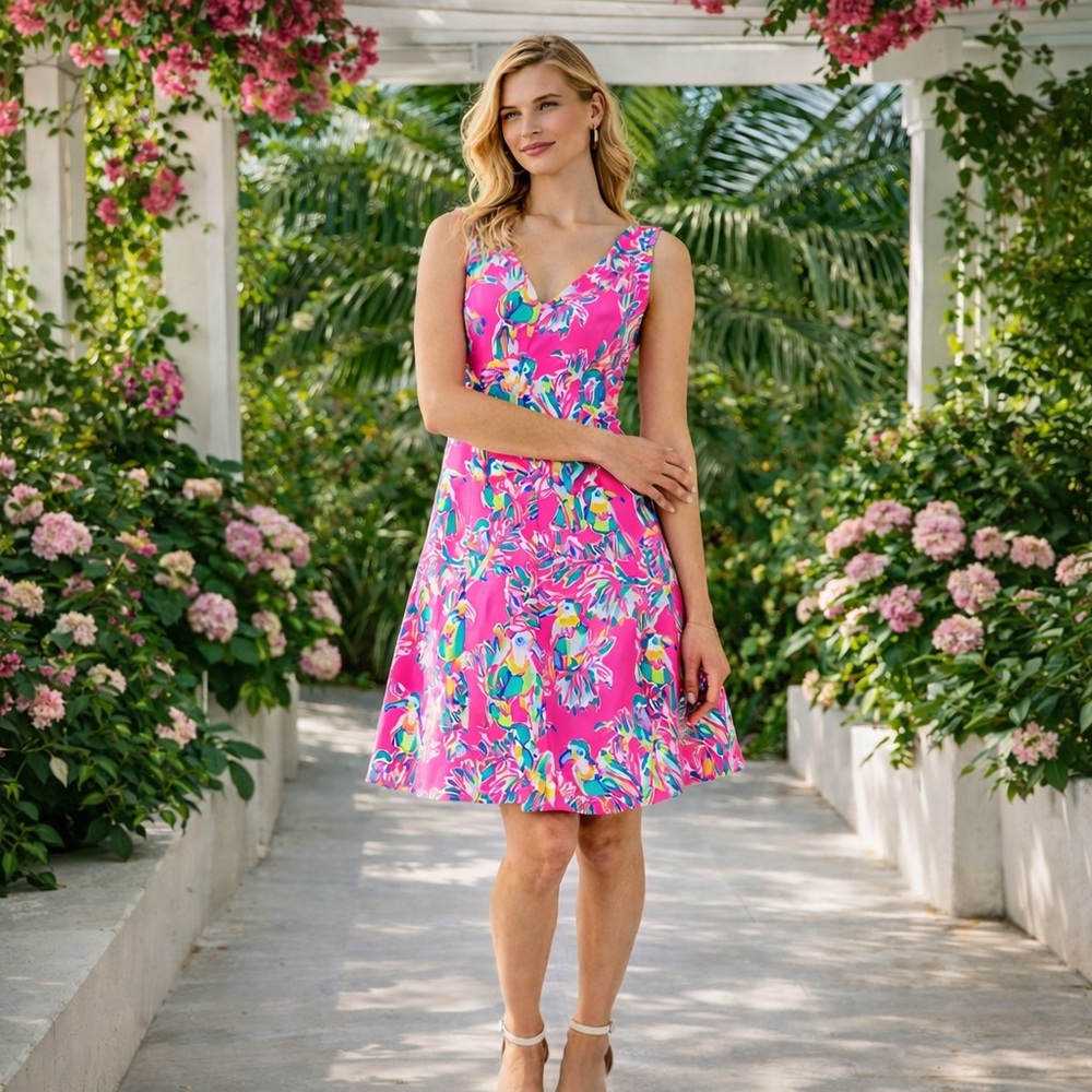 Lilly Pulitzer Dahlia Fit & Flare Dragonfruit Tropical Toucan Dress Sz XS - NWOT
